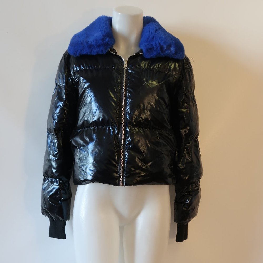 Womens Central Park West Black Blue Faux Fur Collar Puffer Bomber Jacket S * - Picture 1 of 12
